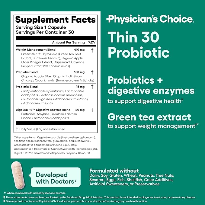 Physician's CHOICE Probiotics for Weight Management & Bloating - 6 Probiotic Strains - Prebiotics - Key ingredient Cayenne - Supports Gut Health - Weight Management for Women & Men - Green Tea - 30 CT-StrideForce Fitness