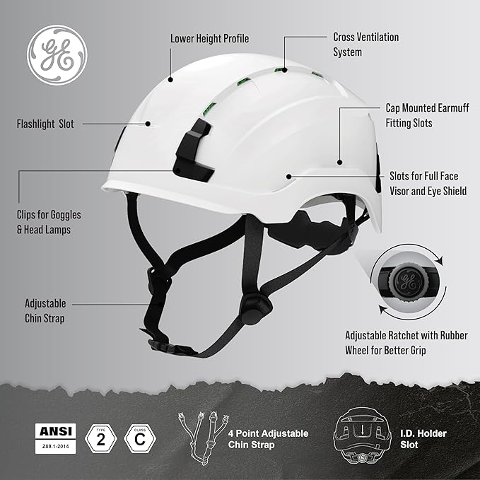 GE Safety Helmet: ANSI Type 2 Class G & E, Advanced Impact Technology, Ultra Comfortable Memory Foam, Heat Stress Reduction, Compatible with Accessories, Adjustable Size OSHA Approved-StrideForce Fitness