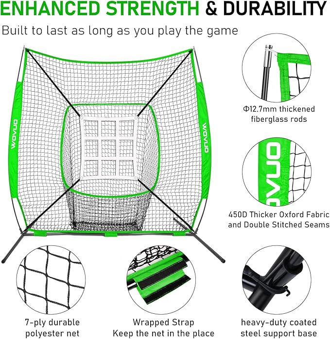 7x7 ft Baseball Net for Batting Pitching Hitting, Softball Pitching Net with Strike Zone, Tee, Ball Caddy, Softball Batting Net Baseball Training Equipment for Kids Adult Youth Sport Practice-StrideForce Fitness