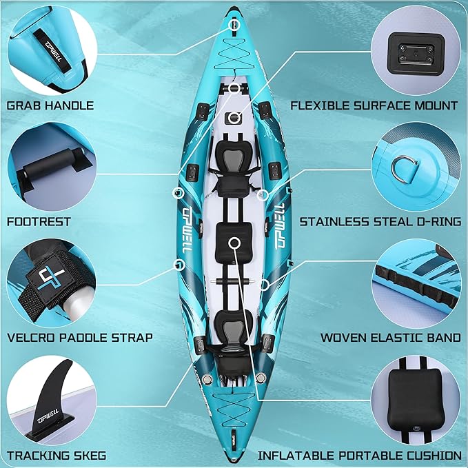 UPWELL 11'/14'6”Inflatable Kayak with Drop Stitch Floor and Accessories Including Kayak Seat with Thickened Cushion, Paddle, Fin, Repair Kits, Carry Bag and Hand Pump-StrideForce Fitness