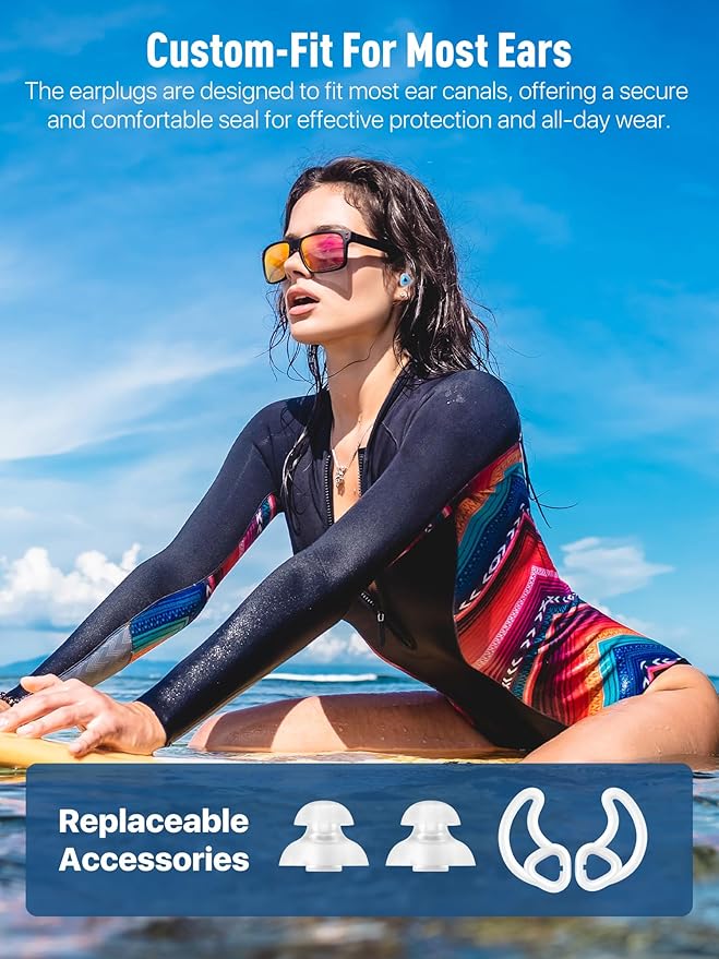 Hearprotek Swimmer Ear Plugs, 1 Pair Custom-fit Water Protection Adult Swimming Earplugs for Swimmers Surfer, Universal-fit with Lanyard, Perfect for Swimming,Surfing, Other Water Activities Blue-StrideForce Fitness