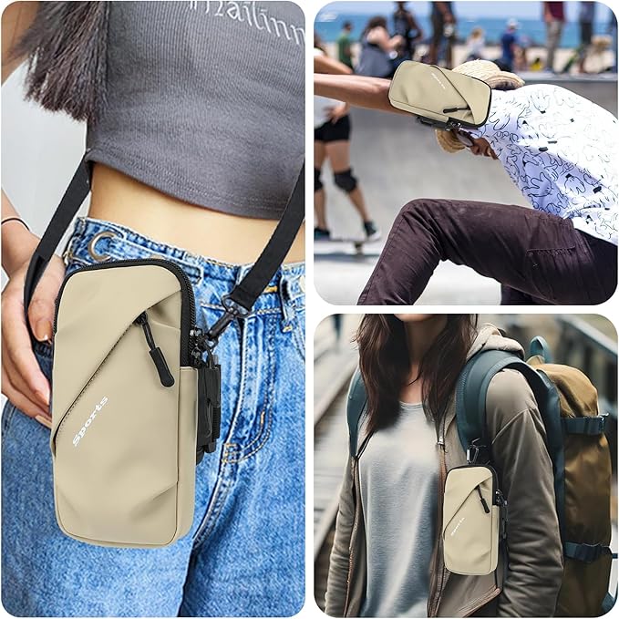 Cell Phone Armbands Running Phone Holder Armband, Phone Holder for Walking, Shoulder Holster Phone Purse Crossbody Bag Phone Pouch (Khaki)-StrideForce Fitness