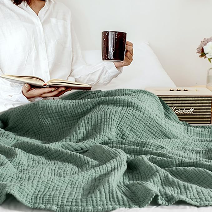 Carriediosa 100% Cotton Muslin Throw Blanket 108" X 90" King Size，4-Layers Summer Gauze Throws for Bed Couch，Soft Lightweight Breathable Linen Blankets Bedspread for Adults All Season，Sage Green-StrideForce Fitness