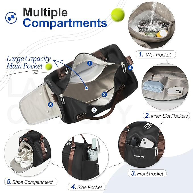 FIORETTO Womens Gym Tote Duffle Bag with Wet Pocket & Shoe Compartment, Sports Duffel Overnight Weekender Hospital Workout Carry on Bag for Girls, Ideal for Travel, Swimming, Dance, Ballet Black-StrideForce Fitness