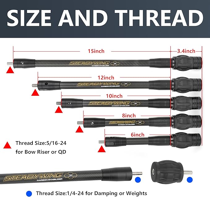 AMEYXGS Archery Bow Stabilizer for Compound Bow, 3K Carbon Fiber 6", 8", 10", 12" 15" Rods, Damping System, Weights Kit, Single Side V-Bar Mount,Quick Disconnect-StrideForce Fitness