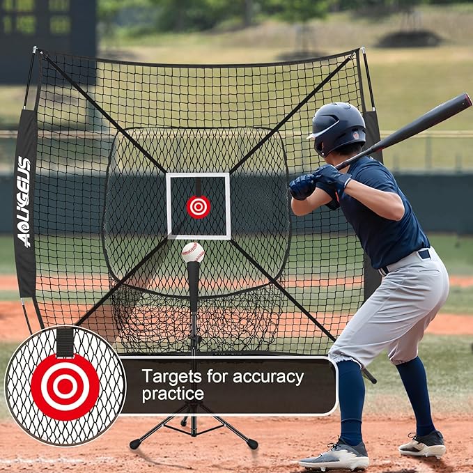6'X6' Baseball Softball Practice Net with Batting Tee and Ball Caddy, Bonus Strike Zone Target and Bow Frame, for Hitting, Pitching, Catching-StrideForce Fitness