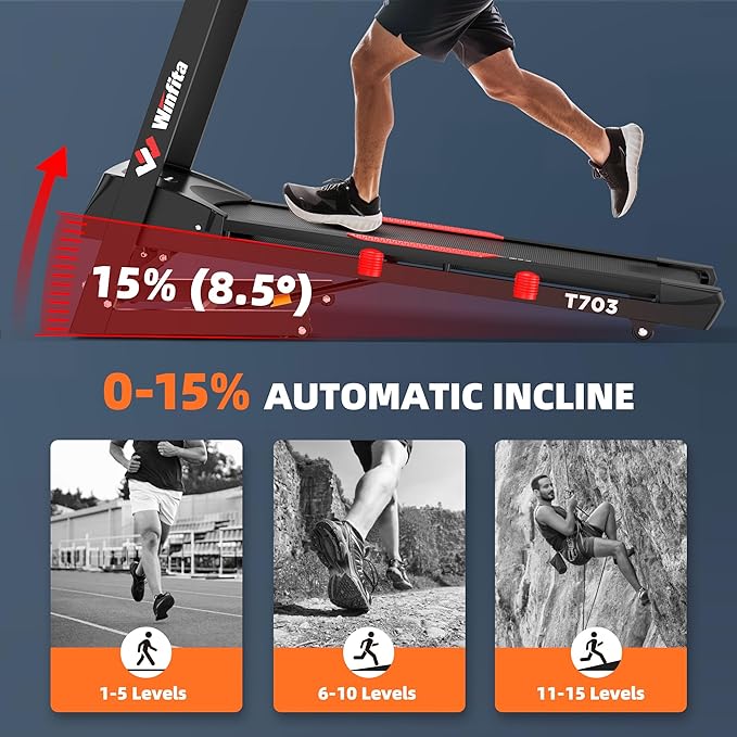 Treadmill with Incline, 300 LBS Capacity, 8 MPH or 10 MPH Speed, Bluetooth, App, Pause Function, Folding Treadmills for Home with 64 Programs, 17'' or 18'' Wide Belt, Heart Rate, BMI Detector-StrideForce Fitness