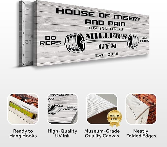 Tailored Canvases Personalized Gym Sign Wall Art Decor - Motivational Canvas for Home Gym, Workout Room, Garage, Fitness Center - Workout Inspirational Posters - House of Misery and Pain, White Wood 36x12in-StrideForce Fitness