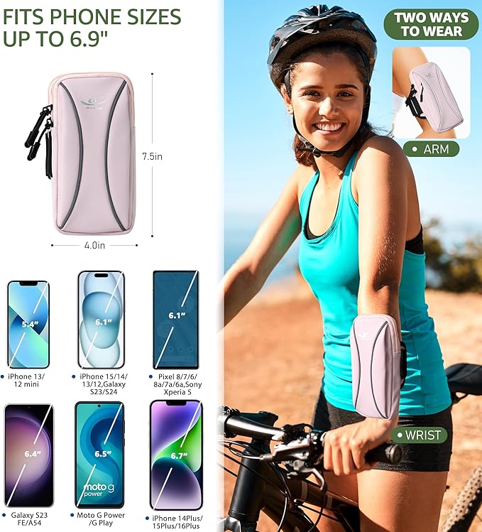 HiRui Arm Bag & Wrist Bag Phone Holder, Sports Running Armband for Gym, Cycling & Workout, Compatible with iPhone 16/15/14 Series, Samsung Galaxy & More, Reflective, Adjustable, Secure Fit (Pink)-StrideForce Fitness
