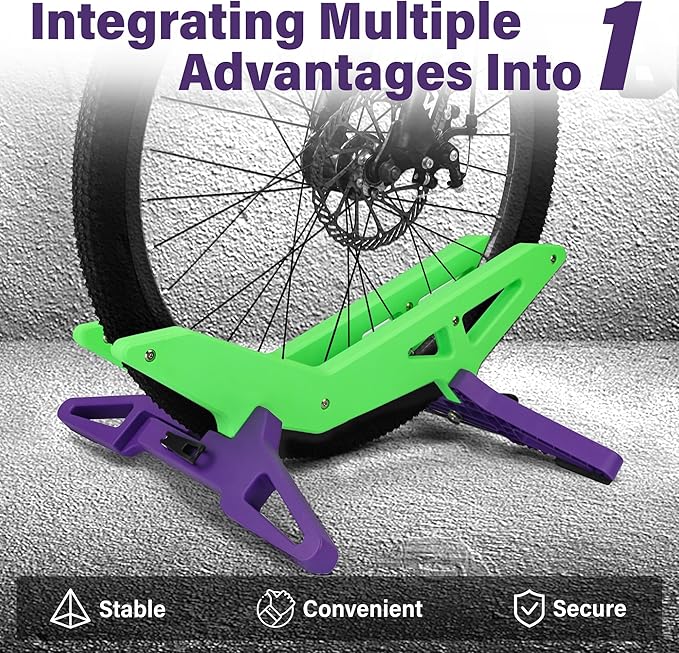 Adjustable Bike Parking Stand Fits 16-29 Inch Bicycles, Compatible with 23c-3.0 Tire Width – Heavy-Duty Plastic, Easy Installation, Stylish Two-Tone Design (Green&Purple(2 Pack))-StrideForce Fitness