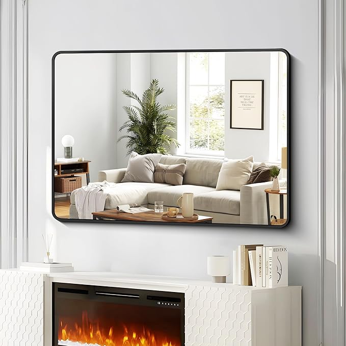 FORBATH Large Bathroom Mirror 48 x 36 Inches，Black Large Wall Mirror Aluminum Frame Wall Mounted Rounded Corner Morndern Mirror for Bathroom Bedroom Entryway Living Room-StrideForce Fitness