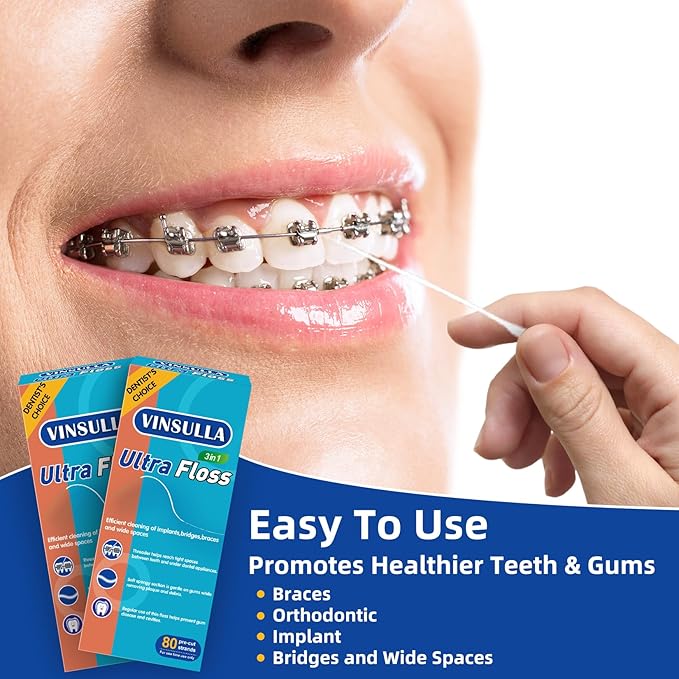 Dental Floss for Braces, Floss Threaders for Bridges and Implants, PTFE & PFAS Free Floss, 80 Pre-Cut Strands (Pack of 2)