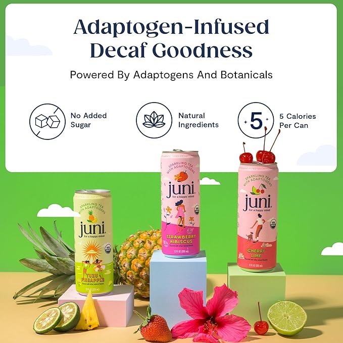 Juni Sparkling Adaptogen Drink with Ashwagandha, Lion’s Mane & Reishi Mushrooms | Green Tea for Focus, Zero Sugar, 5 Calories | Decaffeinated, Non Alcoholic Drinks - Yuzu Pineapple 12 pack-StrideForce Fitness