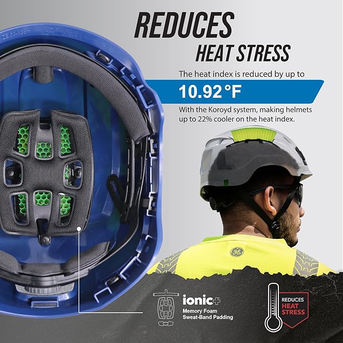 GE Safety Helmet, Impact Absorbing Tech, Adjustable Ratchet, ANSI Type 1, Memory Foam Padding, Hard Hats Protection, Lightweight, Durable, Chin Strap, Comfortable Fit OSHA Approved-StrideForce Fitness