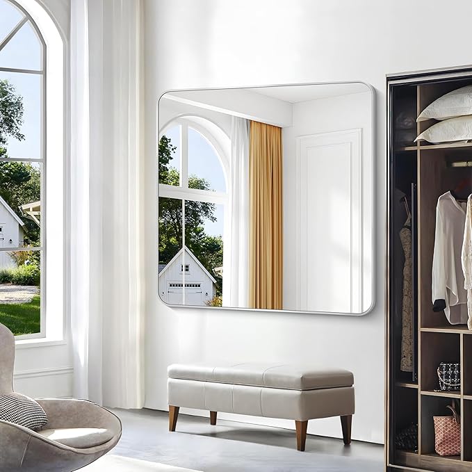 Silver Bathroom Mirror,48x48 inch Wall Mirror for Bathroom Wall Mounted,Rectangle Mirror for Bathroom Over Sink,Modern Frame Round Corner for Living Room,Bedroom Entryway,Horizontal/Vertical-StrideForce Fitness