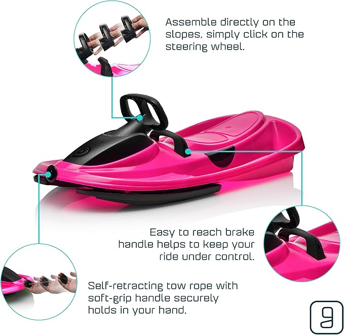 Snow Sled for Kids, Adults - Toboggan Sled, Easy Turning Steering Wheel, Anti-Slip Seat, Pull Up Brake, Durable Plastic Sled, Lightweight, Snow Sleds, Age 3+ 260 lbs-StrideForce Fitness