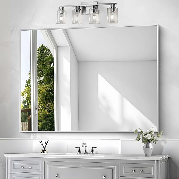 Silver Bathroom Mirror,36x48 inch Wall Mirror for Bathroom Wall Mounted,Large Rectangle Mirror for Bathroom Over Sink,Modern Metal Frame for Living Room,Bedroom Entryway,Horizontal/Vertical-StrideForce Fitness