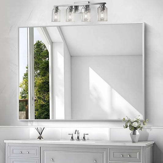 Silver Bathroom Mirror,36x48 inch Wall Mirror for Bathroom Wall Mounted,Large Rectangle Mirror for Bathroom Over Sink,Modern Metal Frame for Living Room,Bedroom Entryway,Horizontal/Vertical-StrideForce Fitness