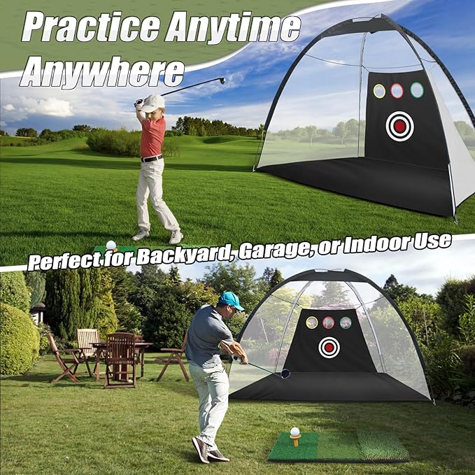 10x7FT Golf Practice Net for Backyard Indoor Outdoor Training, Golf Hitting Net with 3-Color Turf Mat, 5 Golf Balls and Tee, Perfect for Driving, Chipping and Swing Practice-StrideForce Fitness