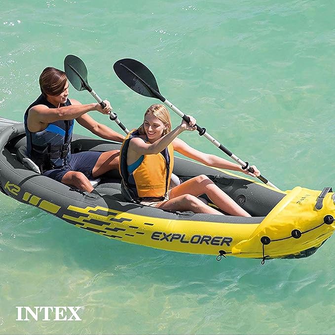 Intex 68307EP Explorer K2 Inflatable Kayak Set: Includes Deluxe 86in Aluminum Oars and High-Output Pump – SuperStrong PVC – Adjustable Seats with Backrest – 2-Person – 400lb Weight Capacity-StrideForce Fitness