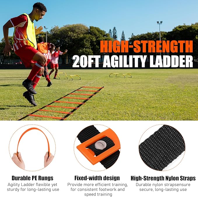 Soccer Training Equipment, Agility Speed Training Set with 20ft Speed Ladder, 12 Cones, 4 Adjustable Hurdles, Jump Rope, Parachute | Ideal for Basketball, Football Practise, for Kids, Youth, Adults-StrideForce Fitness