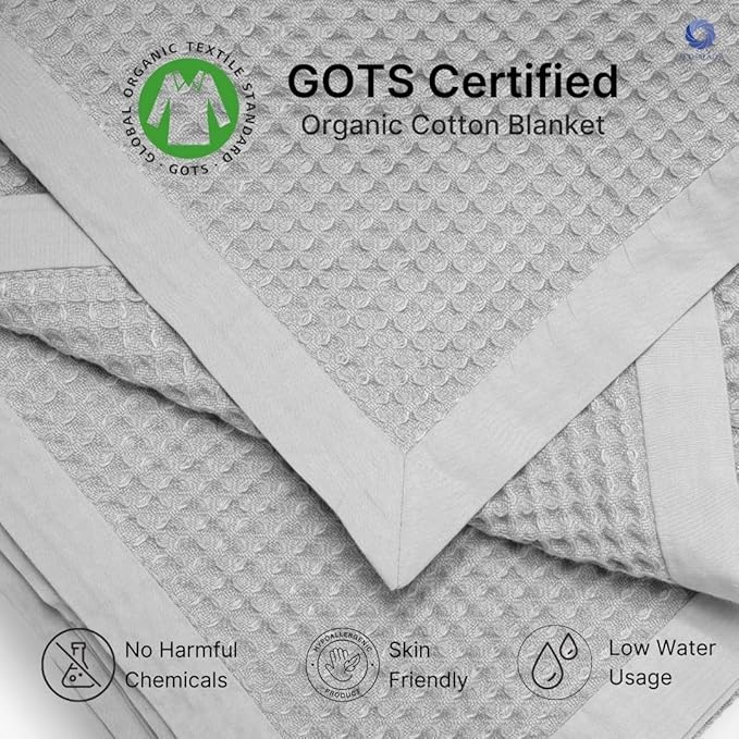 GOTS Certified Organic Cotton Waffle Weave Blanket, Twin Bed Size, 66"X90"Cozy Throw Blanket for Couch, Modern Home Decor, Throw Blankets,Waffle Blanket & Soft Bed Blankets -Scottish Grey-StrideForce Fitness