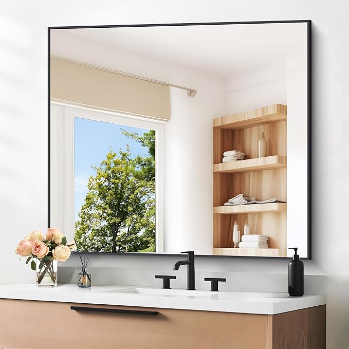 Black Bathroom Mirror for Wall, 36x40 Inch Rectangle Mirrors with Metal Frame, Modern Vanity Wall Mirror Decor for Entryway Hangs, Bathroom Living Room Horizontal or Vertical-StrideForce Fitness