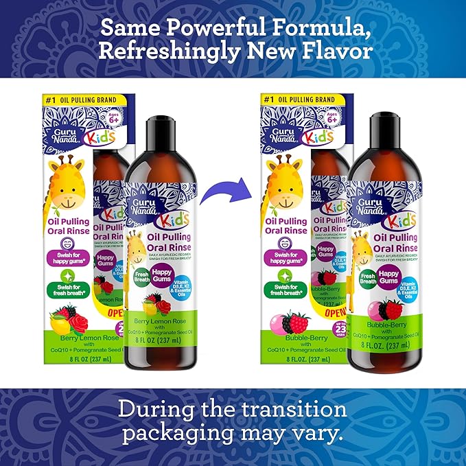 GuruNanda Kids Oil Pulling, Alcohol-Free Mouthwash, Essential Oils & Vitamins for Fresh Breath & Happy Gums for Ages 6 & up, Natural Bubble Berry, 8 Oz