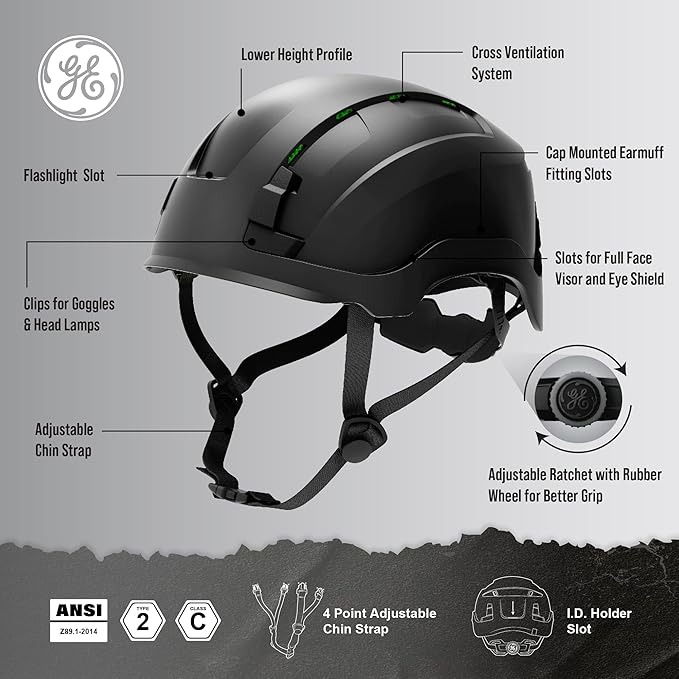GE Safety Helmet: ANSI Type 2 Class G & E, Advanced Impact Technology, Ultra Comfortable Memory Foam, Heat Stress Reduction, Compatible with Accessories, Adjustable Size OSHA Approved-StrideForce Fitness