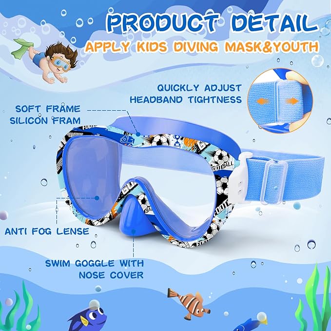 Kids Swim Goggles 180° Snorkel Diving Mask with Nose Cover, Anti-Fog Kids Swimming Goggles with Elastic Fabric Strap for Kids Boys Girls-StrideForce Fitness