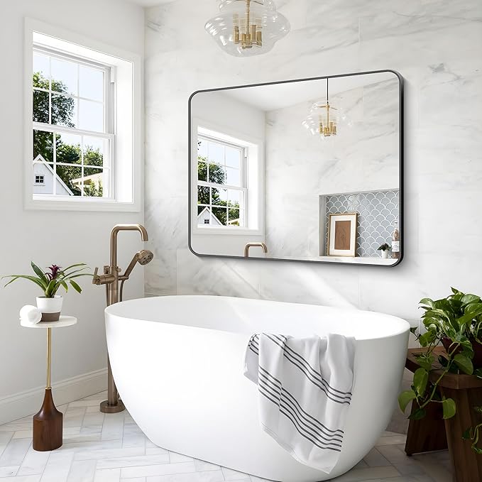 Black Bathroom Mirror,40x48 inch Wall Mirror for Bathroom Wall Mounted,Rectangle Mirror for Bathroom Over Sink,Modern Frame Round Corner for Living Room,Bedroom Entryway,Horizontal/Vertical-StrideForce Fitness