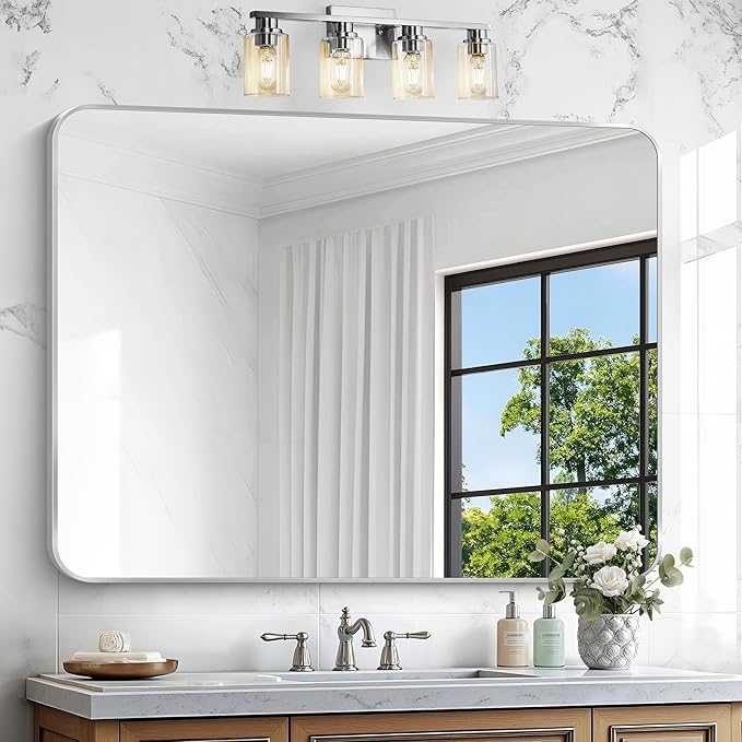 Silver Bathroom Mirror,36x48 inch Wall Mirror for Bathroom Wall Mounted,Rectangle Mirror for Bathroom Over Sink,Modern Frame Round Corner for Living Room,Bedroom Entryway,Horizontal/Vertical-StrideForce Fitness