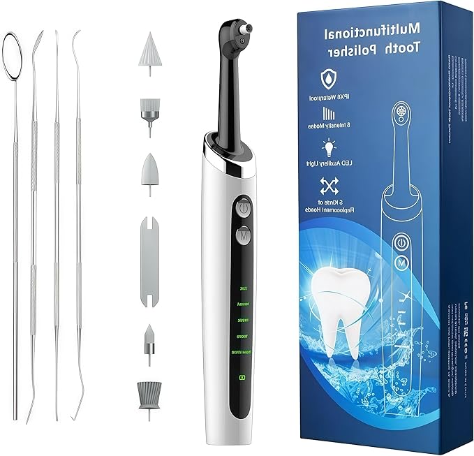 Tooth Polisher - Plaque Remover for Teeth Tooth Polisher with LED Light 5 Speed Modes with Teeth Cleaning Kit 5 Replacement Brush Heads，Teeth Whitener for Daily Cleaning