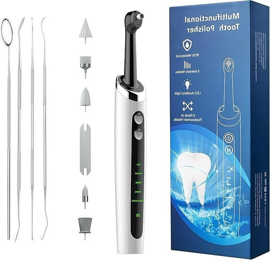 Tooth Polisher - Plaque Remover for Teeth Tooth Polisher with LED Light 5 Speed Modes with Teeth Cleaning Kit 5 Replacement Brush Heads，Teeth Whitener for Daily Cleaning