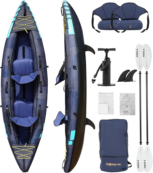 Inflatable Kayak 2 Person, Tandem Kayak, Foldable Kayaks for Adults, with Kayak Fin, 2 Aluminum Paddles, 2 Padded Seats, Hand Pump and Travel Backpack-StrideForce Fitness