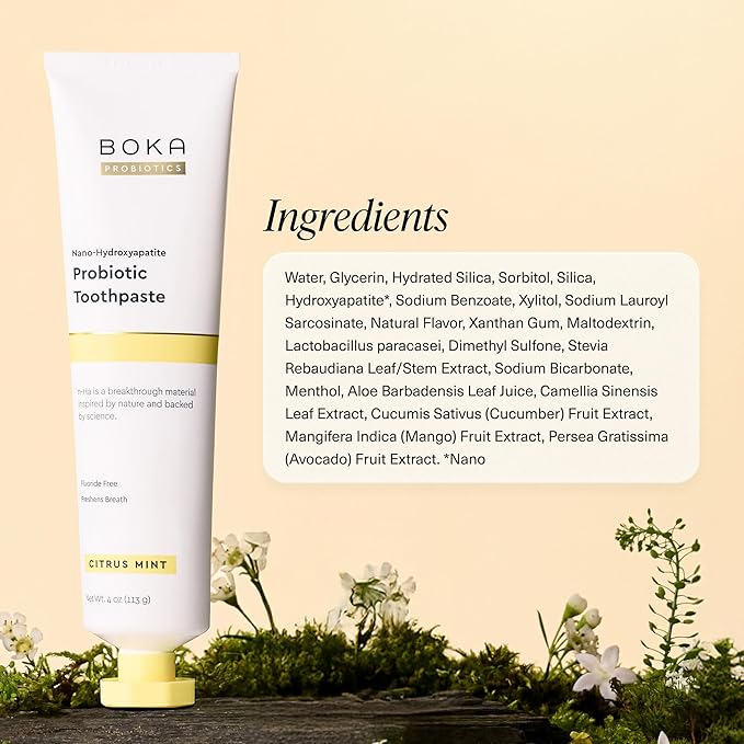 Boka Fluoride Free Toothpaste, Nano Hydroxyapatite Toothpaste, Appropriate for Sensitive Teeth - for Adult, Kids Oral Care - Probiotics - Citrus Mint, 4 Fl Oz 1Pk US Manufactured