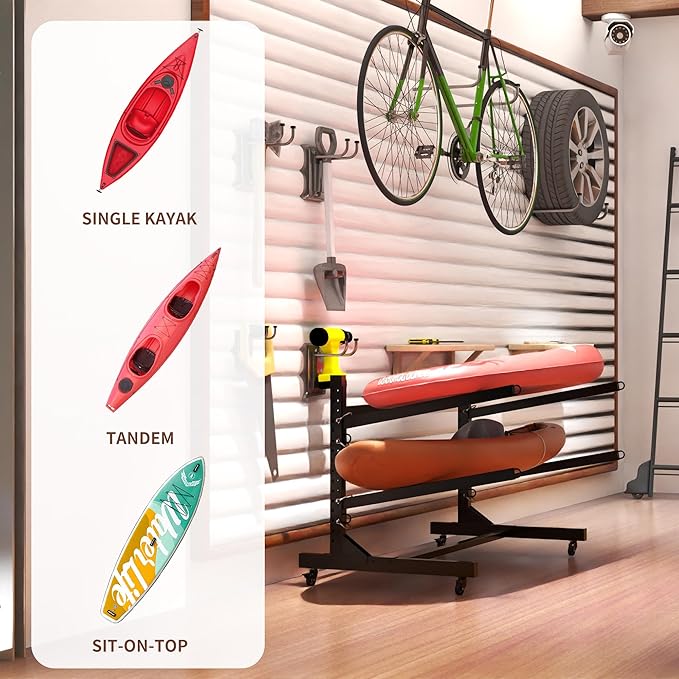 Kayak Storage Rack, Heavy Duty Kayak Stand Canoe Rack with Wheels, Freestanding Kayak Holder Stand for Kayaks, Canoes, Surfboard, Paddleboard Storage-StrideForce Fitness