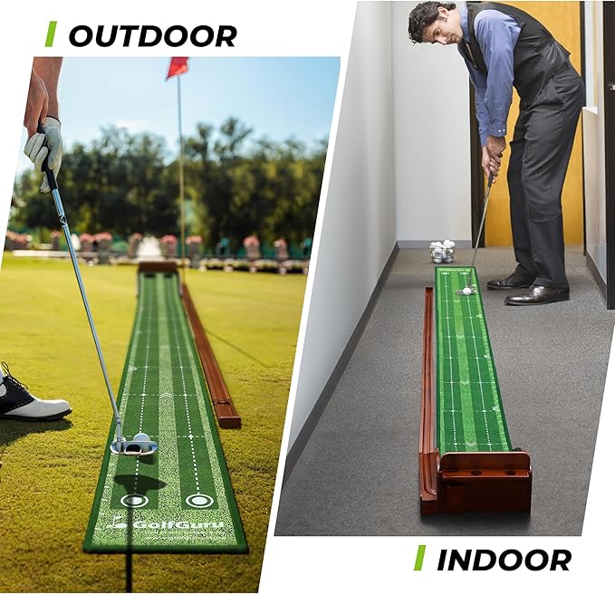 Golfguru Putting Green, 9.8ft Golf Putting Mat with Automatic Ball Return Track & Putting Mirror, Indoor Putting Greens for Home with Thickened Wrinkle-Free Crystal Velvet, Golf Accessories for Men-StrideForce Fitness