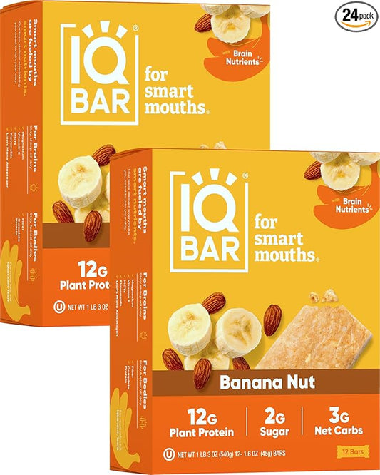 IQBAR Brain and Body Plant Protein Bars - Banana Nut - 24-Count Low Carb - Gluten Free, High Fiber, Vegan Snacks - Low Sugar Meal Replacement-StrideForce Fitness
