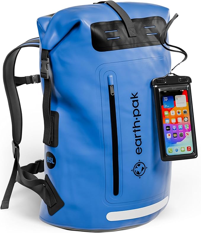 Earth Pak Waterproof Backpack - Heavy Duty Hiking Backpack - Roll-Top Closure - Waterproof Bag - Cushioned Dry Bags Waterproof w/ IPX8 Waterproof Phone Case - Wet Bag for Hiking, Kayak(Blue, 85L)-StrideForce Fitness