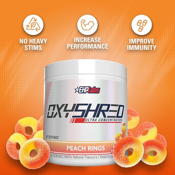 EHP Labs OxyShred Pre Workout Powder - Preworkout Powder with L Glutamine & Acetyl L Carnitine, Energy Boost Drink - Peach Candy Rings, 60 Servings-StrideForce Fitness