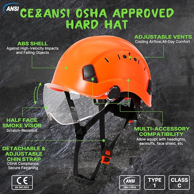 AOLAMEGS Construction Vented Hard Hats -Adjustable Vented Hard Hat with Visor for Men Women ABS Safety Helmet 6-Point Suspension Work Hardhats for Outdoor Height Industrial (Orange Clear Visor)-StrideForce Fitness
