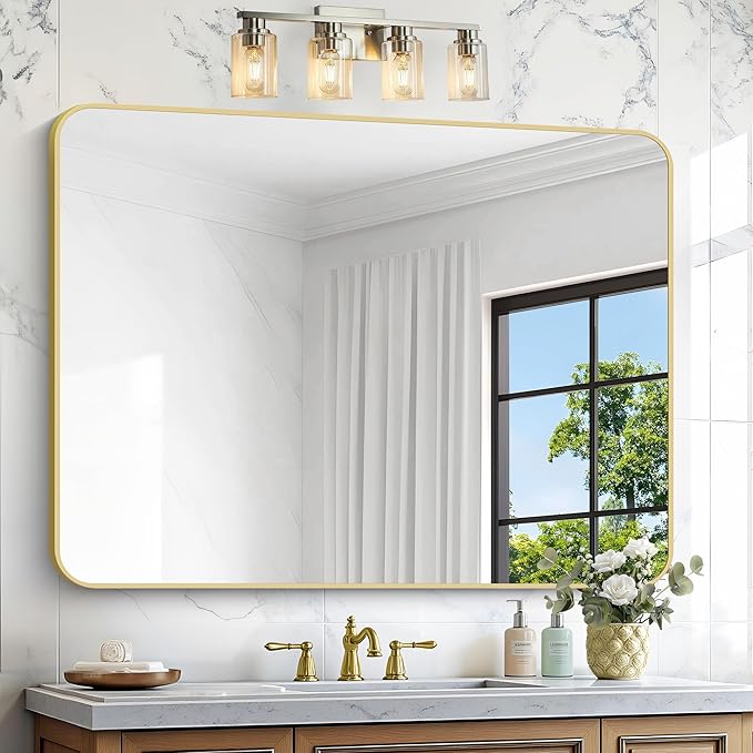 Gold Bathroom Mirror,36x48 inch Wall Mirror for Bathroom Wall Mounted,Round Rectangle Mirror for Bathroom Over Sink,Modern Frame for Home Decor Living Room,Bedroom Entryway,Horizontal/Vertical-StrideForce Fitness