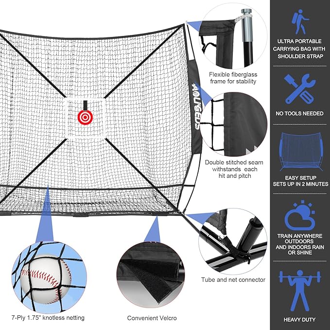 6'X6' Baseball Softball Practice Net,Pitching Net,Batting Net,with Bonus Strike Zone,Target and Bow Frame,for Hitting,Pitching,Catching-StrideForce Fitness