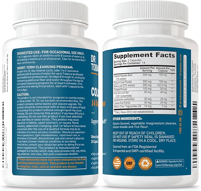 Dr. Tobias Colon 14 Day Cleanse, Advanced Gut Cleanse Detox for Women & Men with Cascara Sagrada, Psyllium Husk, Senna Leaf & Probiotics, Non-GMO Colon Cleanse, 3 Bottles of 28 Capsules (1-2 Daily)-StrideForce Fitness