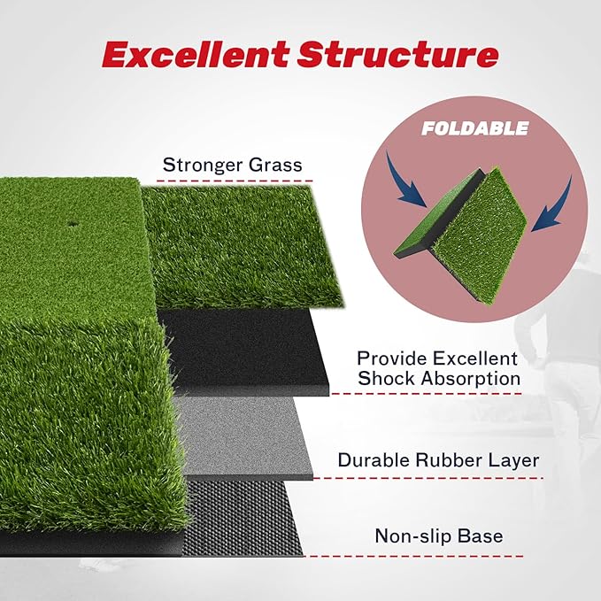 SAPLIZE Foldable Heavy-Duty Golf Hitting Mat, Practice Mat with 10mm EVA Rubber Backing, Larger Size for Indoor/Outdoor Swing and Chipping Practice, Anti-Deformation-StrideForce Fitness