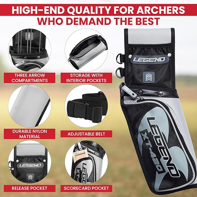 Legend XT420 Field Quiver - Left or Right-Handed Quiver Arrow Holder, Archery Quiver with 3 Arrow Tube, Durable Nylon Hip Quivers with Multiple Pockets for Archery Accessories, Score Card & Tools-StrideForce Fitness