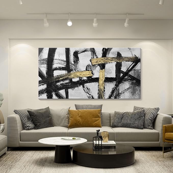Abstract Living Room Wall Art - Large Black and White Gold Abstract Lines Bedroom Wall Decor Ink Dancing Canvas Prints Paintings for Dining Room Office Room Home Decor 29x58IN-StrideForce Fitness