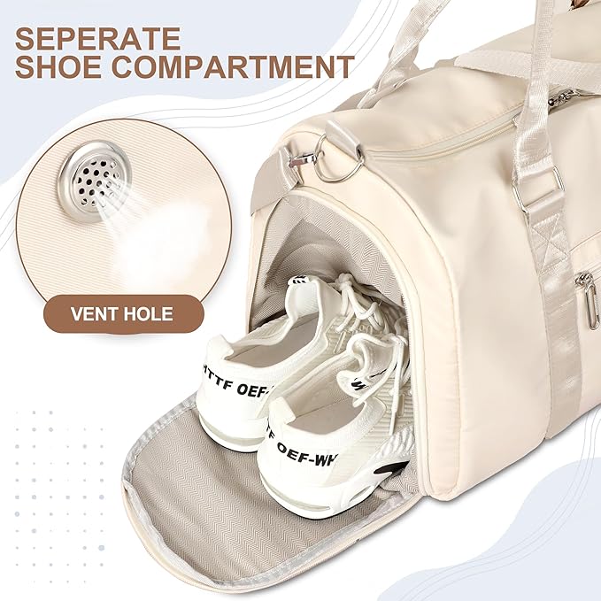 FIORETTO Womens Gym Tote Duffle Bag with Wet Pocket & Shoe Compartment, Sports Duffel Overnight Weekender Hospital Workout Carry on Bag for Girls, Ideal for Travel, Swimming, Dance, Ballet Beige-StrideForce Fitness