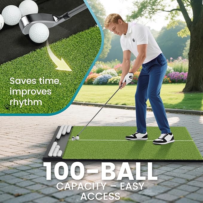 Golf Hitting Mat with Ball Tray, 5x4 & 6x4 ft, 26mm/31mm Thick, Standard & Alignment Line Options, Premium Golf Practice Mat for Indoor Outdoor Swing & Chipping-StrideForce Fitness